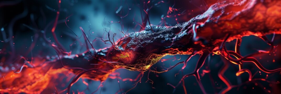 An abstract cinematic view of blood vessels merging and splitting using contrasting colors and lighting to create a sense of motion and flow