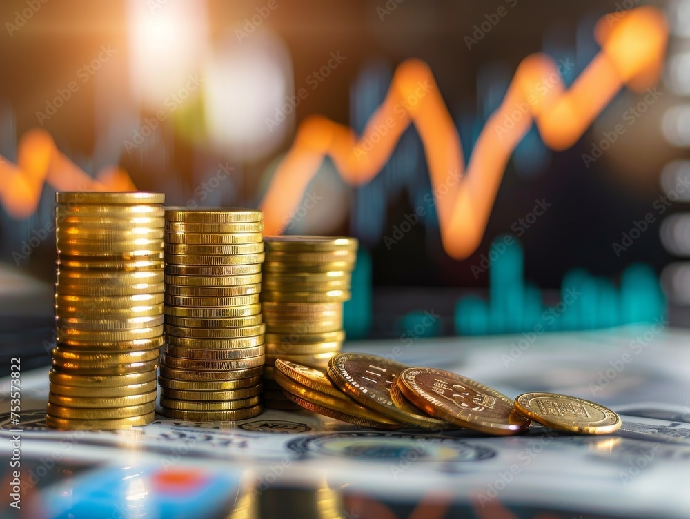 Poster coins stacked in increasing height with an upward arrow chart in the background symbolizing rising p