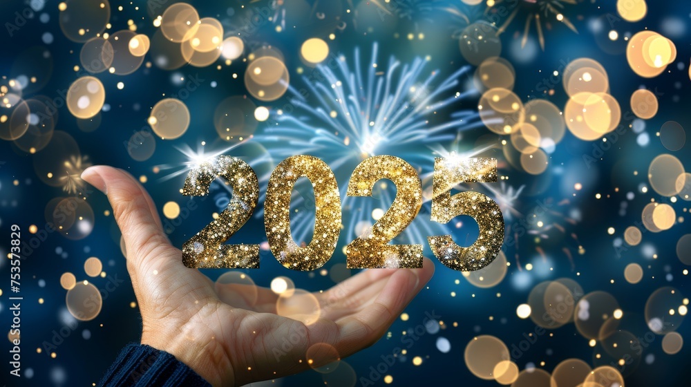 Poster 2025 new year greeting card with big golden numbers on dark background with fireworks and bokeh