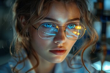 Young female scientist with striking blue eyes wearing eyeglasses in a laboratory setting - obrazy, fototapety, plakaty