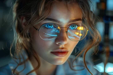 Muurstickers Young female scientist with striking blue eyes wearing eyeglasses in a laboratory setting © familymedia