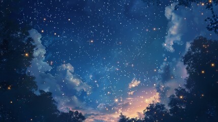 Obraz na płótnie Canvas Deep blue evening sky with soft floating lights hinting at a magical night