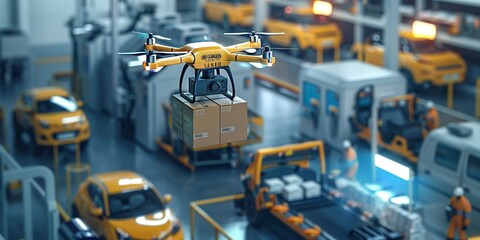 Futuristic scene of a drone delivering a package from a warehouse to a busy automotive repair center emphasizing advanced logistical solutions - obrazy, fototapety, plakaty