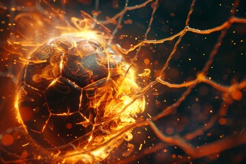 Fiery soccer ball scores net bends light flashes dark background - obrazy, fototapety, plakaty