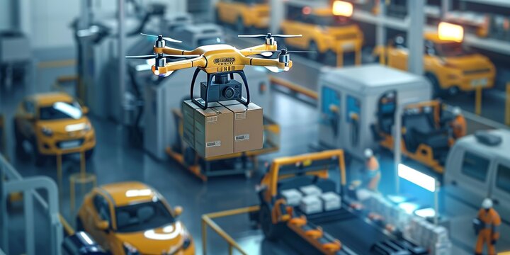 Futuristic scene of a drone delivering a package from a warehouse to a busy automotive repair center emphasizing advanced logistical solutions