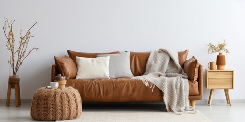 Modern living room design with a brown eco leather couch, soft cushions, and a knitted white blanket near a wall indoors, showcasing the concept of dry cleaning furniture.
