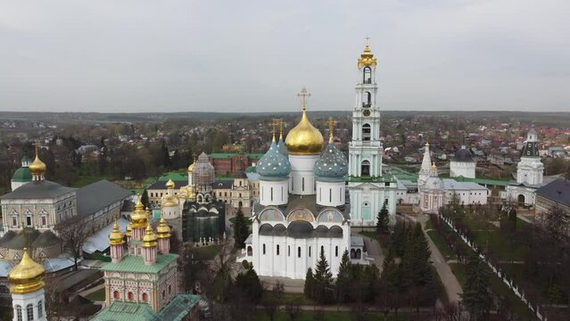 Sergiev Posad, Russia. - May 8, 2022: The famous Christian Orthodox Monastery of the Holy Trinity Lavra. Aerial photography. The Golden Ring of Russia