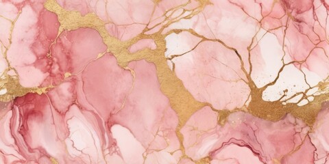 Obraz na płótnie Canvas Abstract dusty blush liquid watercolor background with golden cracks. Pastel pink marble alcohol ink