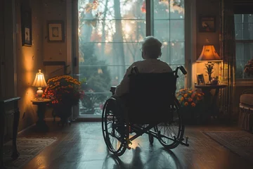 Fotobehang An elderly adult sitting in a wheelchair gazing outside a window in a cozy home interior with warm lighting © familymedia