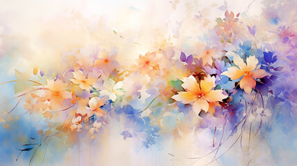 Ethereal watercolor background with delicate floral clusters in pastel tones