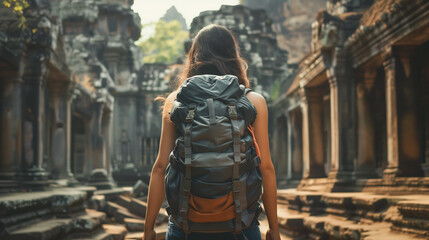 Woman Standing With Backpack by Ancient Ruins - obrazy, fototapety, plakaty