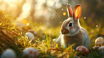 Rabbit Sitting in Field of Flowers and Easter colorful eggs on the  grass.