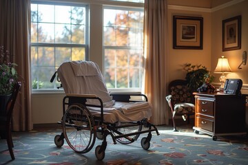 An image evoking absence, showing an empty wheelchair in the corner of a warm, inviting room, suggesting care or retirement - Powered by Adobe