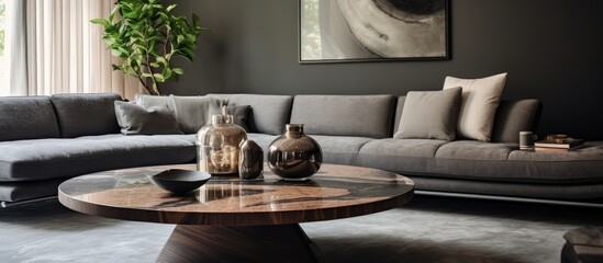 Gray sofa and circular coffee table in a living area