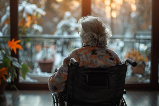 A serene image showing a senior individual gazing out of a window while seated in a wheelchair, suggesting contemplation or solitude