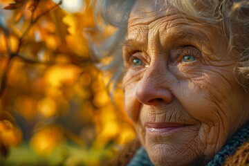 An elderly woman's face is illuminated by autumn leaves in golden hour light