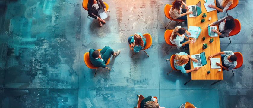 Top view of group of office workers and business people working on business financial data analysis With free space and editable blank background conference table for customer design.