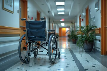 A wheelchair abandoned in a hospital hallway, evoking themes of health and recovery