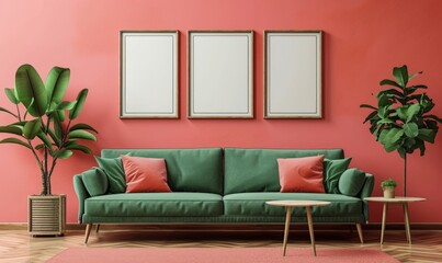 Green couch and framed posters in modern living room with plant on wall, cozy interior design concept