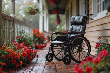 A solitary wheelchair on a porch surrounded by vivid red flowers, indicating a sense of waiting