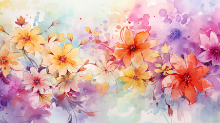 Watercolor background with splashes of colorful flowers in a dreamlike state