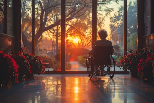 A serene image capturing the warmth of a sunset viewed from inside, with a person in a wheelchair enjoying the view