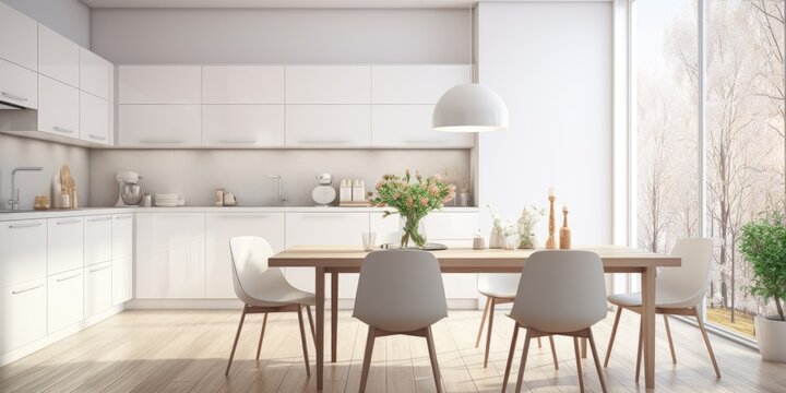 Modern white kitchen with dining furniture, wooden floor, wall decor, and window view. Nordic home interior. .
