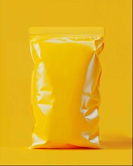 A shiny, metallic yellow flexible packaging pouch is presented against a white background. The...