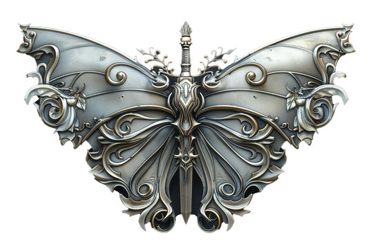 A silver butterfly with swords and shields, isolated design element on transparent background, png file 