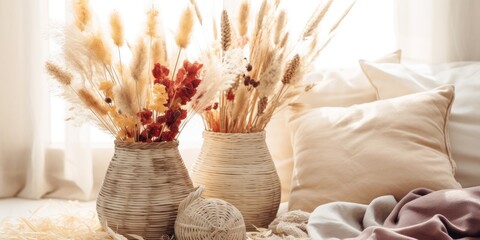 Autumn hygge decor with dried flowers in wicker baskets. Cozy Scandinavian interior, bohemian-style bedroom with rustic vase of dry plants.