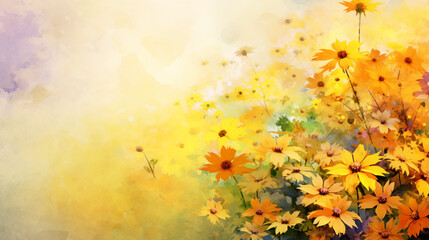 Fototapeta na wymiar Watercolor background with golden wildflowers illuminating a dreamy landscape