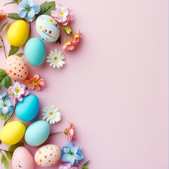 Fototapeta na wymiar Colorful Easter eggs decorated with different patterns, surrounded by fresh spring flowers, presented on a delicate pink canvas