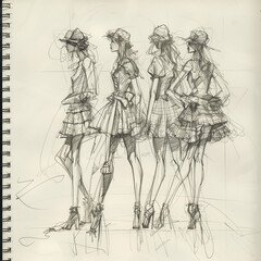 A detailed sketch of four women wearing trendy hats and dresses showcasing different poses and fashion designs