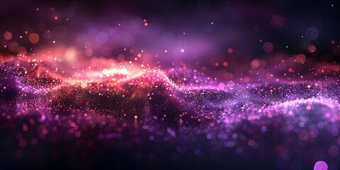 Abstract purple glowing flying waves of energy particles, Abstract purple waves from particles and energy magic dots with glow and blur effect. - obrazy, fototapety, plakaty