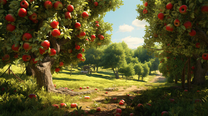In an apple orchard at the end of summer ripe red apple - obrazy, fototapety, plakaty
