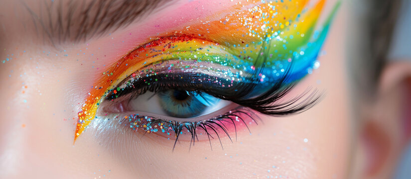 Macro shot of a woman's eye adorned with rainbow colors and glitter, emphasizing unique makeup art