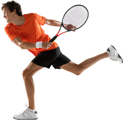 Fototapeta premium Dynamic photo of athletic man, tennis player jumping to hit overhead shot in motion against transparent background. Concept of sport, healthy lifestyle, competition, tournament, victory, motion.