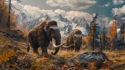 Woolly mammoth, prehistoric animal in frozen ice age landscape - obrazy, fototapety, plakaty