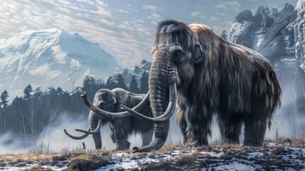 Woolly mammoth, prehistoric animal in frozen ice age landscape