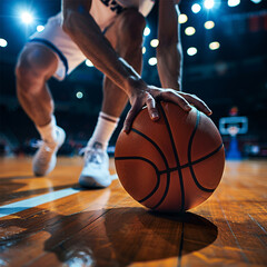 Naklejka premium Skillful basketball player in action close up with ball on a brightly lit professional court