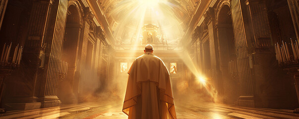 Serene procession of The Pope in church back view radiating light of faith and hope surrounds - obrazy, fototapety, plakaty