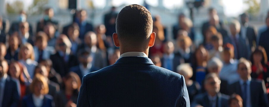 Politician speaking with conviction to outdoor assembly of party members backdrop of solidarity