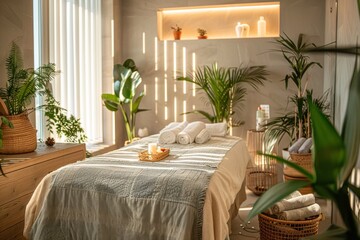 Soothing spa ambiance with facial treatment setup in natural light