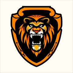 lion mascot logo design, illustration of jungle king logo design, shield, lion head