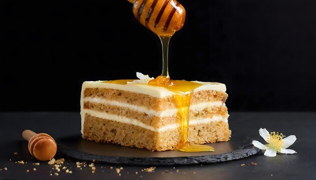 Close uo of a slice of cake over which golden honey is dripping. Black background.