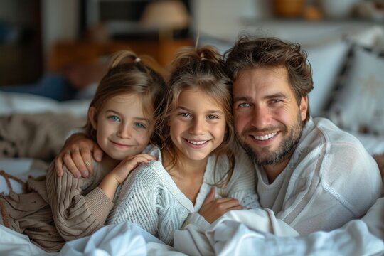 Affectionate family enjoying a cozy morning in bed, embracing the joy