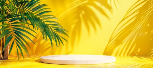Minimalistic podium display stand with yellow texture, stone wall, leaf summer fashion sale banner.