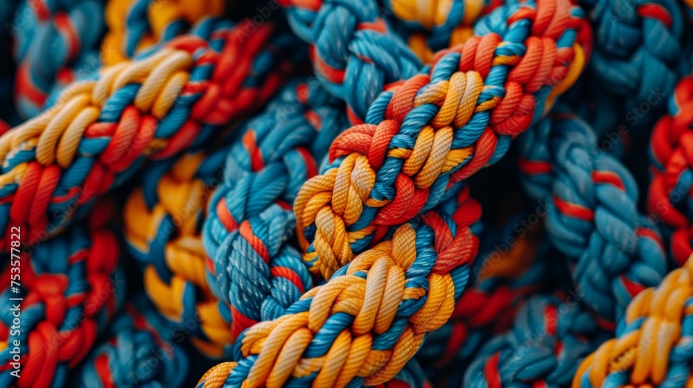Poster strong diverse team unity and partnership concept with colorful rope integration on background