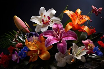 An arrangement of exotic flowers of orchids and lilies with vibrant colors on a dark backdrop. generative ai