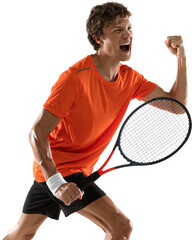 Happy man, professional tennis player shouting of joy and clenched hand in fist against transparent...
